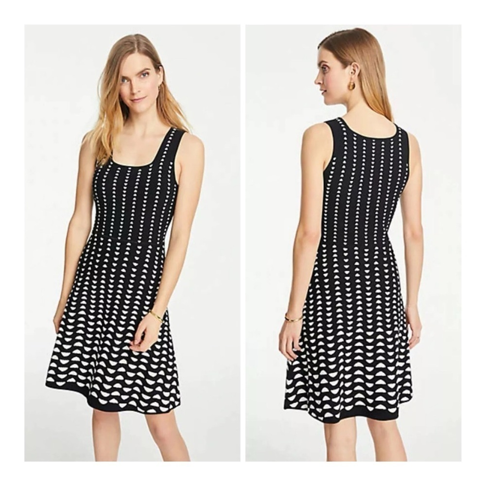 NEW Ann Taylor Black White Half Moon Jacquard Fit & Flare Sweater Dress Size S